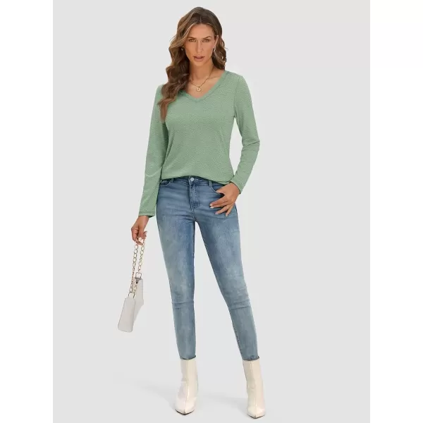 imageATHMILE Womens Long Sleeve V Neck Shirts Basic Tee Casual Top Fall Trendy Tunic Outfits Fitted T ShirtsLight Green