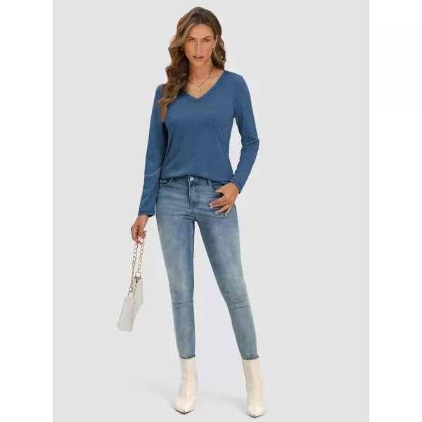 imageATHMILE Womens Long Sleeve V Neck Shirts Basic Tee Casual Top Fall Trendy Tunic Outfits Fitted T ShirtsBlue
