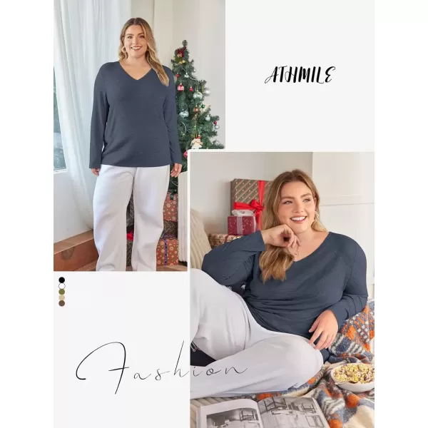 imageATHMILE Womens Long Sleeve V Neck Shirts Basic Tee Casual Top Fall Trendy Tunic Outfits Fitted T ShirtsDark Blue