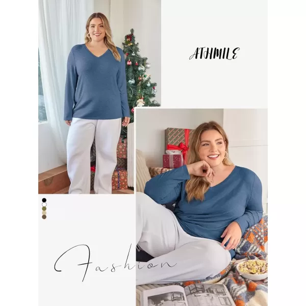 imageATHMILE Womens Long Sleeve V Neck Shirts Basic Tee Casual Top Fall Trendy Tunic Outfits Fitted T ShirtsBlue