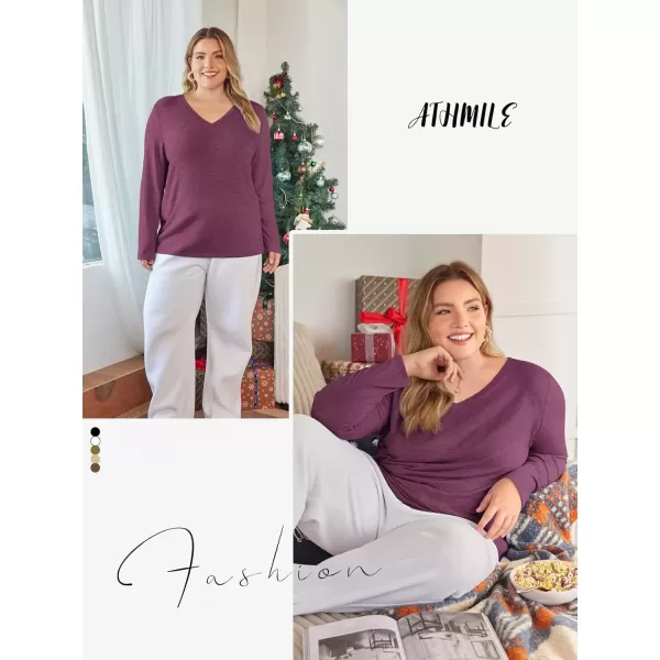 imageATHMILE Womens Long Sleeve V Neck Shirts Basic Tee Casual Top Fall Trendy Tunic Outfits Fitted T ShirtsPurple Red