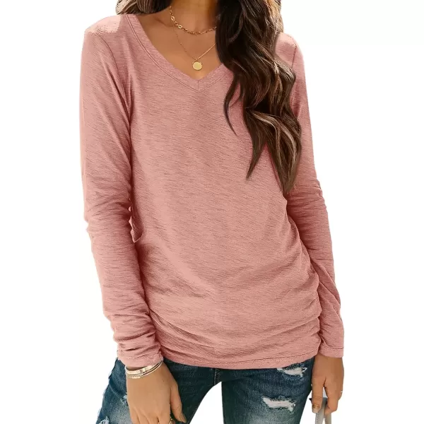 imageATHMILE Womens Long Sleeve V Neck Shirts Basic Tee Casual Top Fall Trendy Tunic Outfits Fitted T ShirtsPink