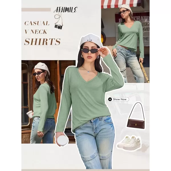 imageATHMILE Womens Long Sleeve V Neck Shirts Basic Tee Casual Top Fall Trendy Tunic Outfits Fitted T ShirtsLight Green