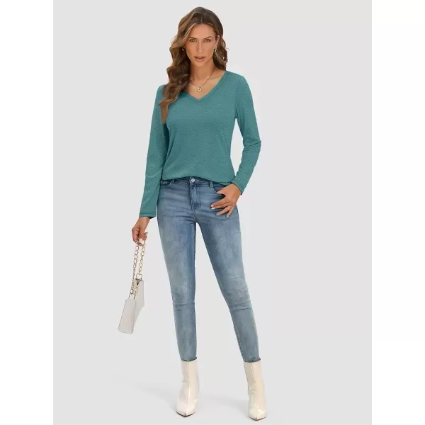imageATHMILE Womens Long Sleeve V Neck Shirts Basic Tee Casual Top Fall Trendy Tunic Outfits Fitted T ShirtsBlue Green