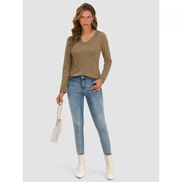 imageATHMILE Womens Long Sleeve V Neck Shirts Basic Tee Casual Top Fall Trendy Tunic Outfits Fitted T ShirtsCoffee