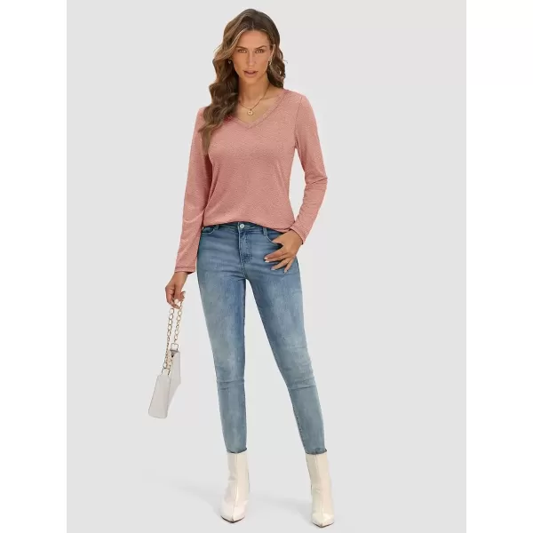 imageATHMILE Womens Long Sleeve V Neck Shirts Basic Tee Casual Top Fall Trendy Tunic Outfits Fitted T ShirtsPink