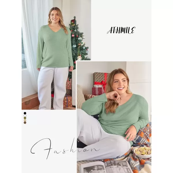 imageATHMILE Womens Long Sleeve V Neck Shirts Basic Tee Casual Top Fall Trendy Tunic Outfits Fitted T ShirtsLight Green