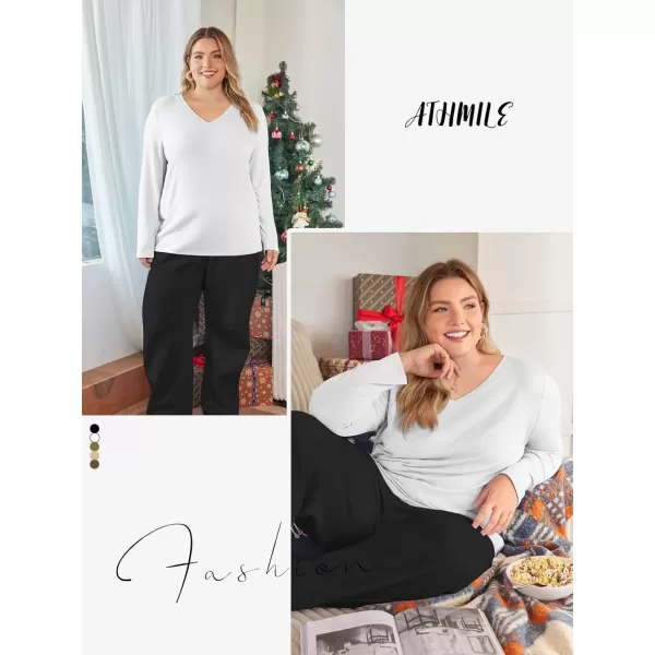imageATHMILE Womens Long Sleeve V Neck Shirts Basic Tee Casual Top Fall Trendy Tunic Outfits Fitted T ShirtsWhite