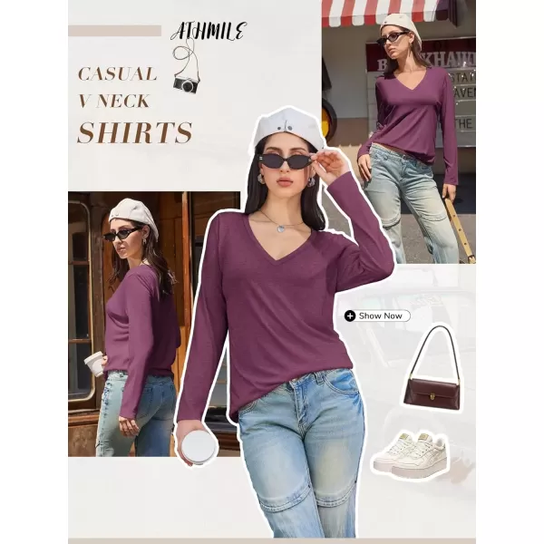 imageATHMILE Womens Long Sleeve V Neck Shirts Basic Tee Casual Top Fall Trendy Tunic Outfits Fitted T ShirtsPurple Red