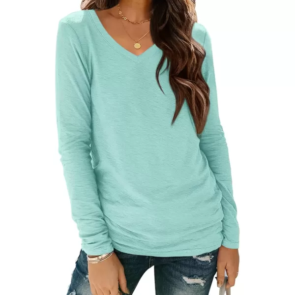 imageATHMILE Womens Long Sleeve V Neck Shirts Basic Tee Casual Top Fall Trendy Tunic Outfits Fitted T ShirtsLake Green