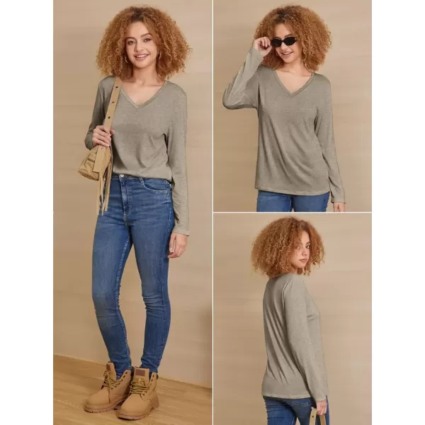 imageATHMILE Womens Long Sleeve V Neck Shirts Basic Tee Casual Top Fall Trendy Tunic Outfits Fitted T ShirtsKhaki
