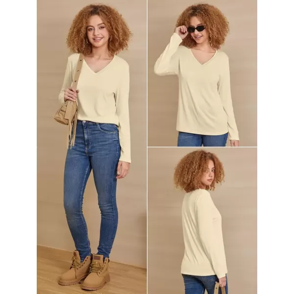 imageATHMILE Womens Long Sleeve V Neck Shirts Basic Tee Casual Top Fall Trendy Tunic Outfits Fitted T ShirtsCream
