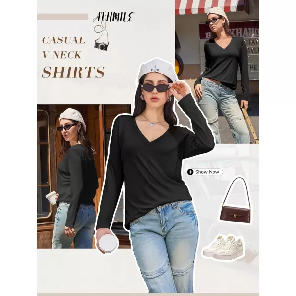 imageATHMILE Womens Long Sleeve V Neck Shirts Basic Tee Casual Top Fall Trendy Tunic Outfits Fitted T ShirtsBlack