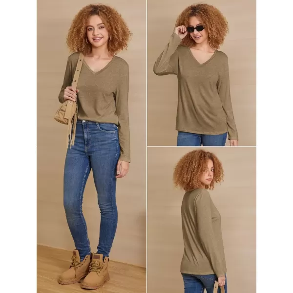 imageATHMILE Womens Long Sleeve V Neck Shirts Basic Tee Casual Top Fall Trendy Tunic Outfits Fitted T ShirtsCoffee