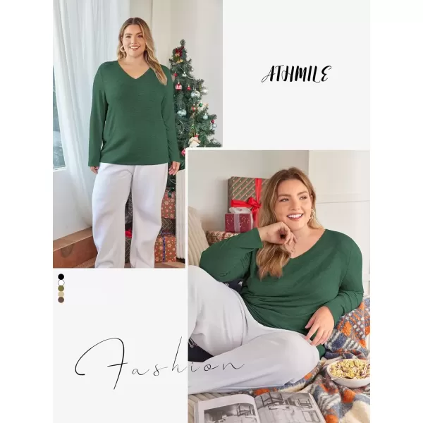 imageATHMILE Womens Long Sleeve V Neck Shirts Basic Tee Casual Top Fall Trendy Tunic Outfits Fitted T ShirtsDark Green