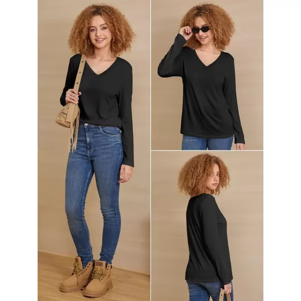 imageATHMILE Womens Long Sleeve V Neck Shirts Basic Tee Casual Top Fall Trendy Tunic Outfits Fitted T ShirtsBlack