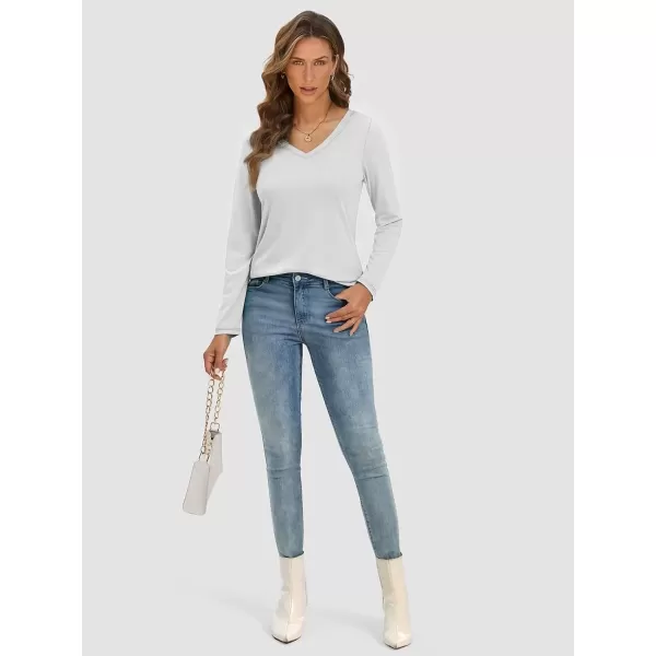 imageATHMILE Womens Long Sleeve V Neck Shirts Basic Tee Casual Top Fall Trendy Tunic Outfits Fitted T ShirtsWhite
