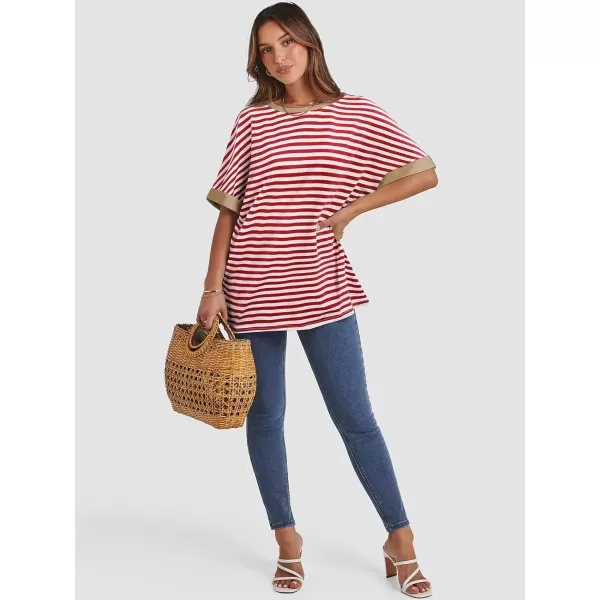 imageATHMILE Womens Oversized T Shirts Loose Fit Crewneck Short Sleeve Summer Casual Blouse 2024 Y2K Tee TopsStriped Red  White