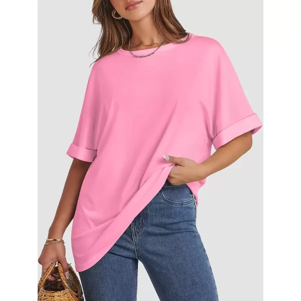 imageATHMILE Womens Oversized T Shirts Loose Fit Crewneck Short Sleeve Summer Casual Blouse 2024 Y2K Tee TopsPink