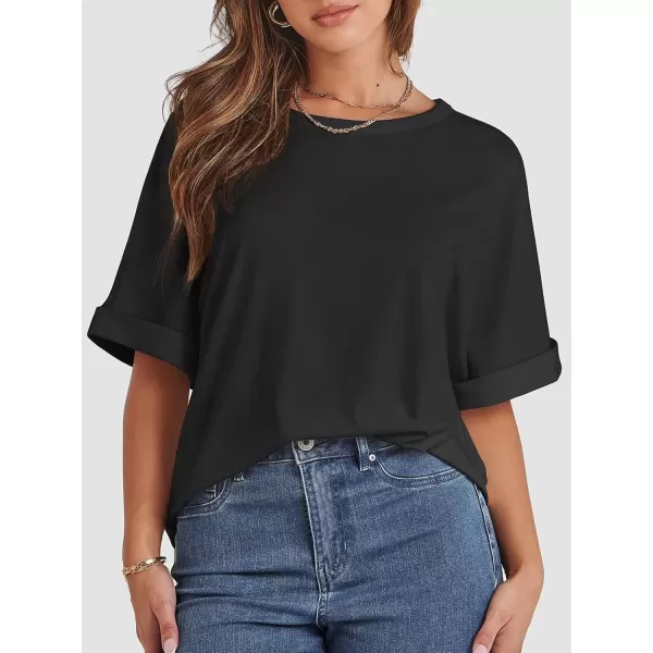 imageATHMILE Womens Oversized T Shirts Loose Fit Crewneck Short Sleeve Summer Casual Blouse 2024 Y2K Tee TopsBlack