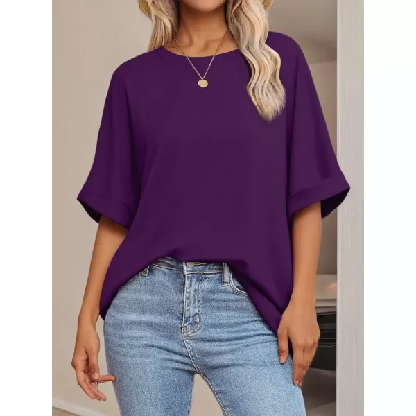 imageATHMILE Womens Oversized T Shirts Loose Fit Crewneck Short Sleeve Summer Casual Blouse 2024 Y2K Tee TopsDark Purple