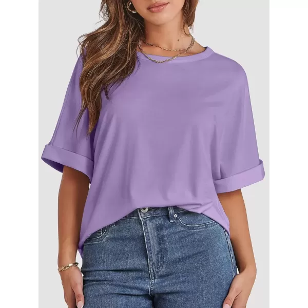 imageATHMILE Womens Oversized T Shirts Loose Fit Crewneck Short Sleeve Summer Casual Blouse 2024 Y2K Tee TopsLavender