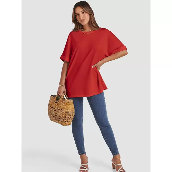imageATHMILE Womens Oversized T Shirts Loose Fit Crewneck Short Sleeve Summer Casual Blouse 2024 Y2K Tee TopsRed