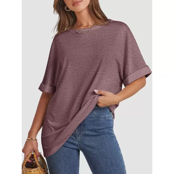 imageATHMILE Womens Oversized T Shirts Loose Fit Crewneck Short Sleeve Summer Casual Blouse 2024 Y2K Tee TopsWine Red