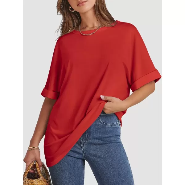imageATHMILE Womens Oversized T Shirts Loose Fit Crewneck Short Sleeve Summer Casual Blouse 2024 Y2K Tee TopsRed