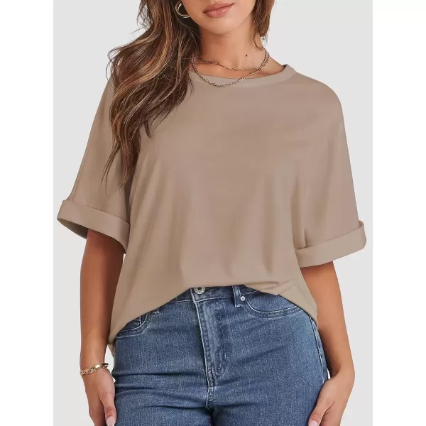 imageATHMILE Womens Oversized T Shirts Loose Fit Crewneck Short Sleeve Summer Casual Blouse 2024 Y2K Tee TopsKhaki