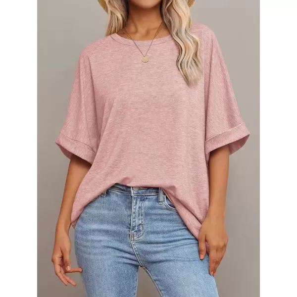 imageATHMILE Womens Oversized T Shirts Loose Fit Crewneck Short Sleeve Summer Casual Blouse 2024 Y2K Tee TopsLight Pink