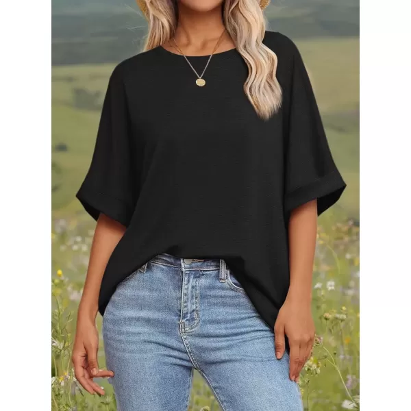 imageATHMILE Womens Oversized T Shirts Loose Fit Crewneck Short Sleeve Summer Casual Blouse 2024 Y2K Tee TopsBlack