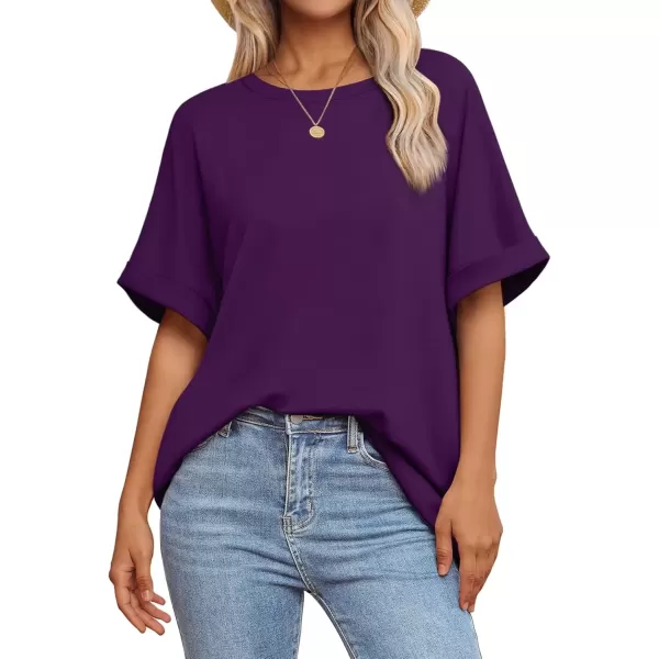 imageATHMILE Womens Oversized T Shirts Loose Fit Crewneck Short Sleeve Summer Casual Blouse 2024 Y2K Tee TopsDark Purple