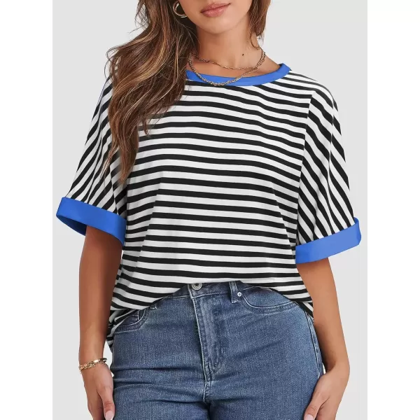 imageATHMILE Womens Oversized T Shirts Loose Fit Crewneck Short Sleeve Summer Casual Blouse 2024 Y2K Tee TopsStriped Black  White