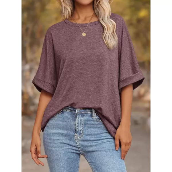 imageATHMILE Womens Oversized T Shirts Loose Fit Crewneck Short Sleeve Summer Casual Blouse 2024 Y2K Tee TopsWine Red