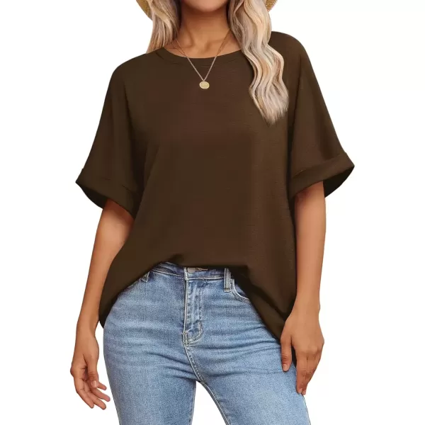 imageATHMILE Womens Oversized T Shirts Loose Fit Crewneck Short Sleeve Summer Casual Blouse 2024 Y2K Tee TopsBrown