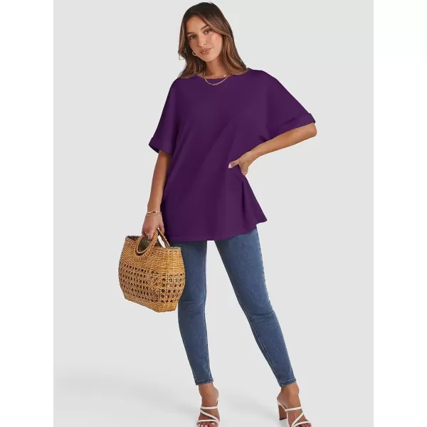 imageATHMILE Womens Oversized T Shirts Loose Fit Crewneck Short Sleeve Summer Casual Blouse 2024 Y2K Tee TopsDark Purple