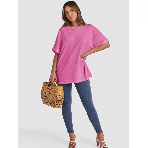 imageATHMILE Womens Oversized T Shirts Loose Fit Crewneck Short Sleeve Summer Casual Blouse 2024 Y2K Tee TopsRose Red