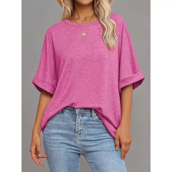 imageATHMILE Womens Oversized T Shirts Loose Fit Crewneck Short Sleeve Summer Casual Blouse 2024 Y2K Tee TopsRose Red