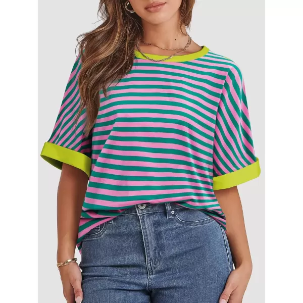 imageATHMILE Womens Oversized T Shirts Loose Fit Crewneck Short Sleeve Summer Casual Blouse 2024 Y2K Tee TopsStriped Pink  Green