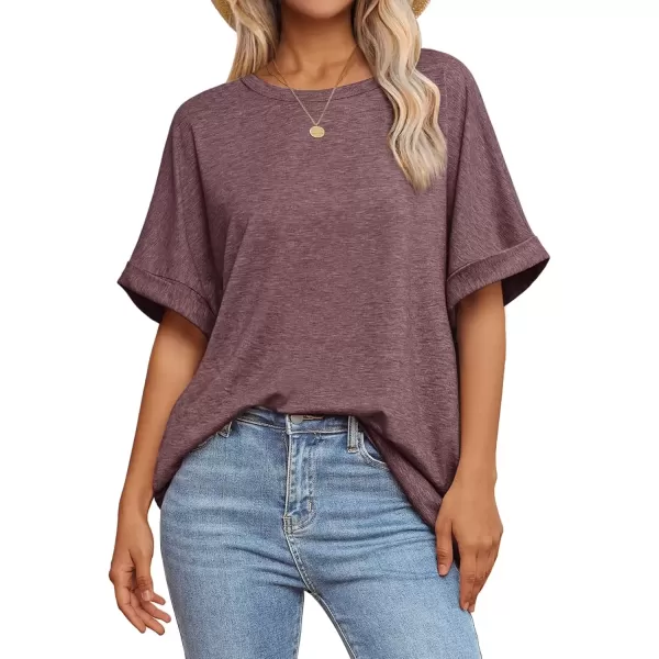 imageATHMILE Womens Oversized T Shirts Loose Fit Crewneck Short Sleeve Summer Casual Blouse 2024 Y2K Tee TopsWine Red