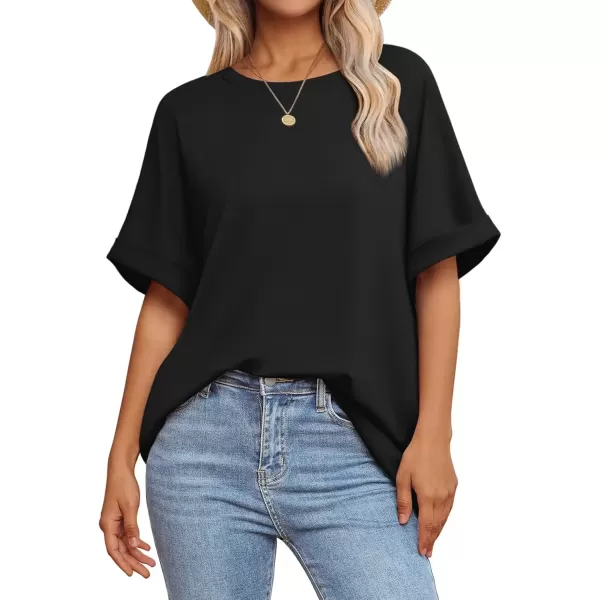 imageATHMILE Womens Oversized T Shirts Loose Fit Crewneck Short Sleeve Summer Casual Blouse 2024 Y2K Tee TopsBlack