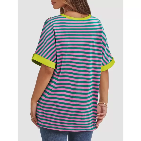 imageATHMILE Womens Oversized T Shirts Loose Fit Crewneck Short Sleeve Summer Casual Blouse 2024 Y2K Tee TopsStriped Pink  Green
