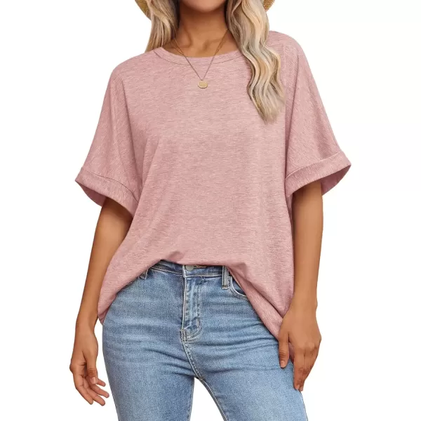 imageATHMILE Womens Oversized T Shirts Loose Fit Crewneck Short Sleeve Summer Casual Blouse 2024 Y2K Tee TopsLight Pink