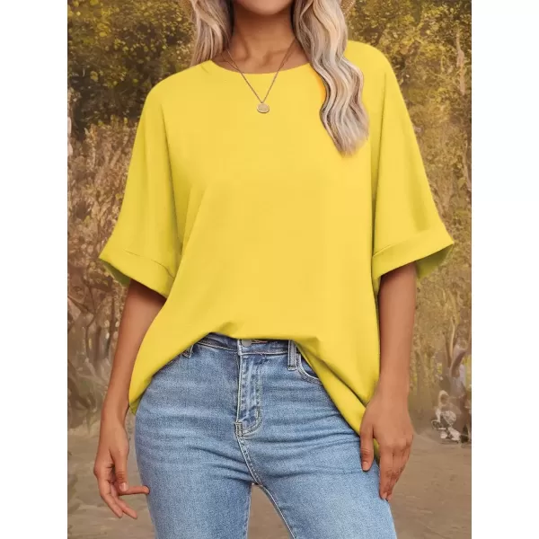 imageATHMILE Womens Oversized T Shirts Loose Fit Crewneck Short Sleeve Summer Casual Blouse 2024 Y2K Tee TopsLemon Yellow