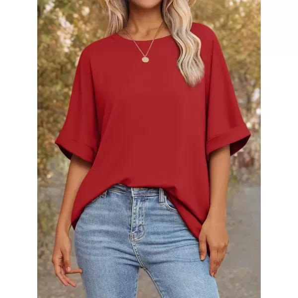 imageATHMILE Womens Oversized T Shirts Loose Fit Crewneck Short Sleeve Summer Casual Blouse 2024 Y2K Tee TopsRed