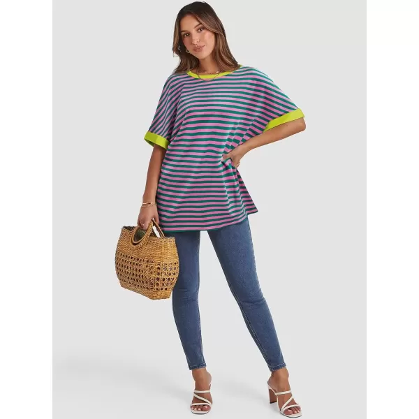 imageATHMILE Womens Oversized T Shirts Loose Fit Crewneck Short Sleeve Summer Casual Blouse 2024 Y2K Tee TopsStriped Pink  Green