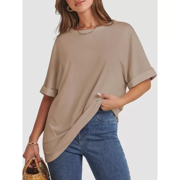 imageATHMILE Womens Oversized T Shirts Loose Fit Crewneck Short Sleeve Summer Casual Blouse 2024 Y2K Tee TopsKhaki