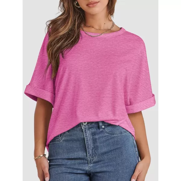 imageATHMILE Womens Oversized T Shirts Loose Fit Crewneck Short Sleeve Summer Casual Blouse 2024 Y2K Tee TopsRose Red