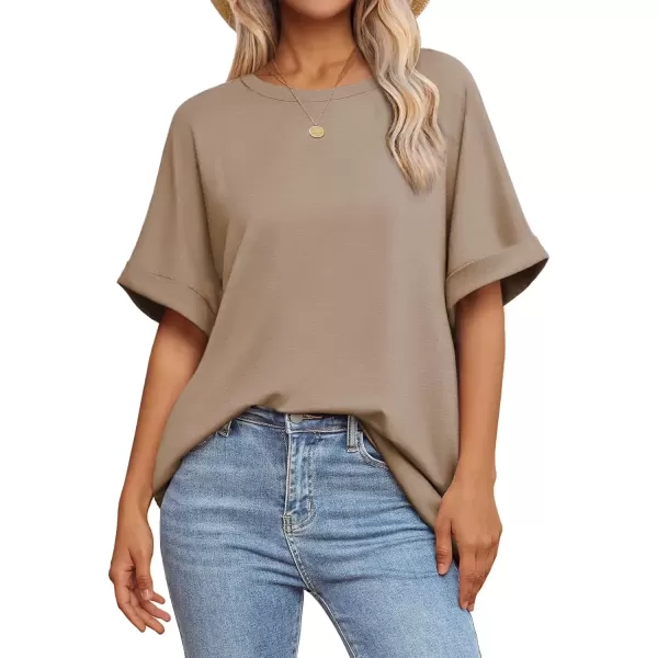 imageATHMILE Womens Oversized T Shirts Loose Fit Crewneck Short Sleeve Summer Casual Blouse 2024 Y2K Tee TopsKhaki